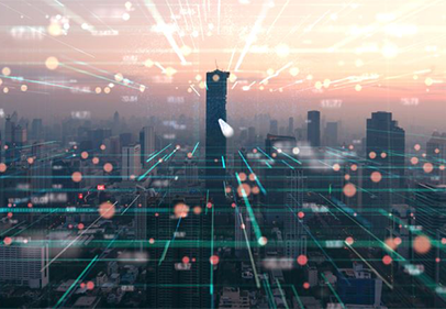 A conceptual image of a cityscape, overlaid with glowing digital nodes and connecting lines, representing a secure, interconnected network indicative of cybersecurity infrastructure.