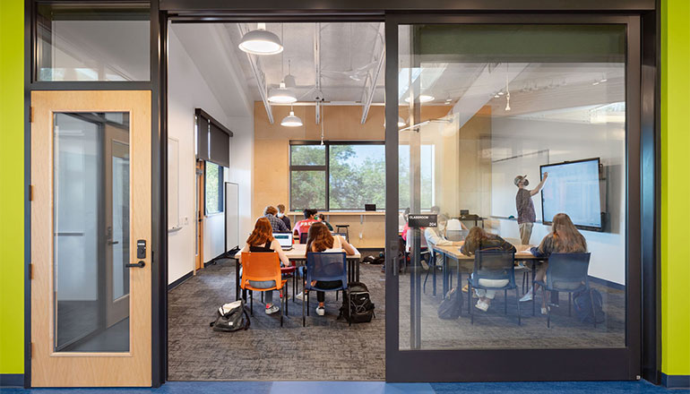 Large sliding door system contributes to the overall interconnectedness of the Thacher School